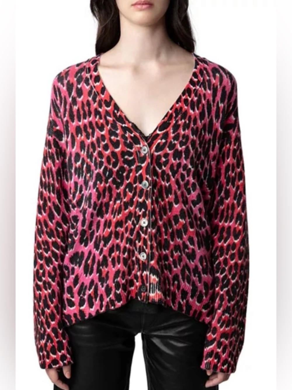 Zadig & Voltaire Mirka Cashmere Pink Animal Print Cardigan Size L